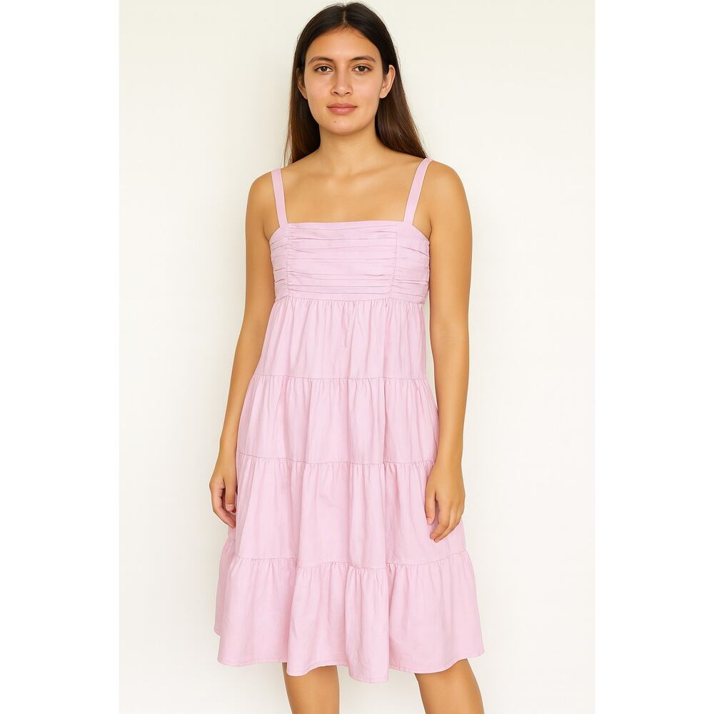 ZARA Tiered Poplin Ruffle Hem Pastel Midi Dress Pink Large